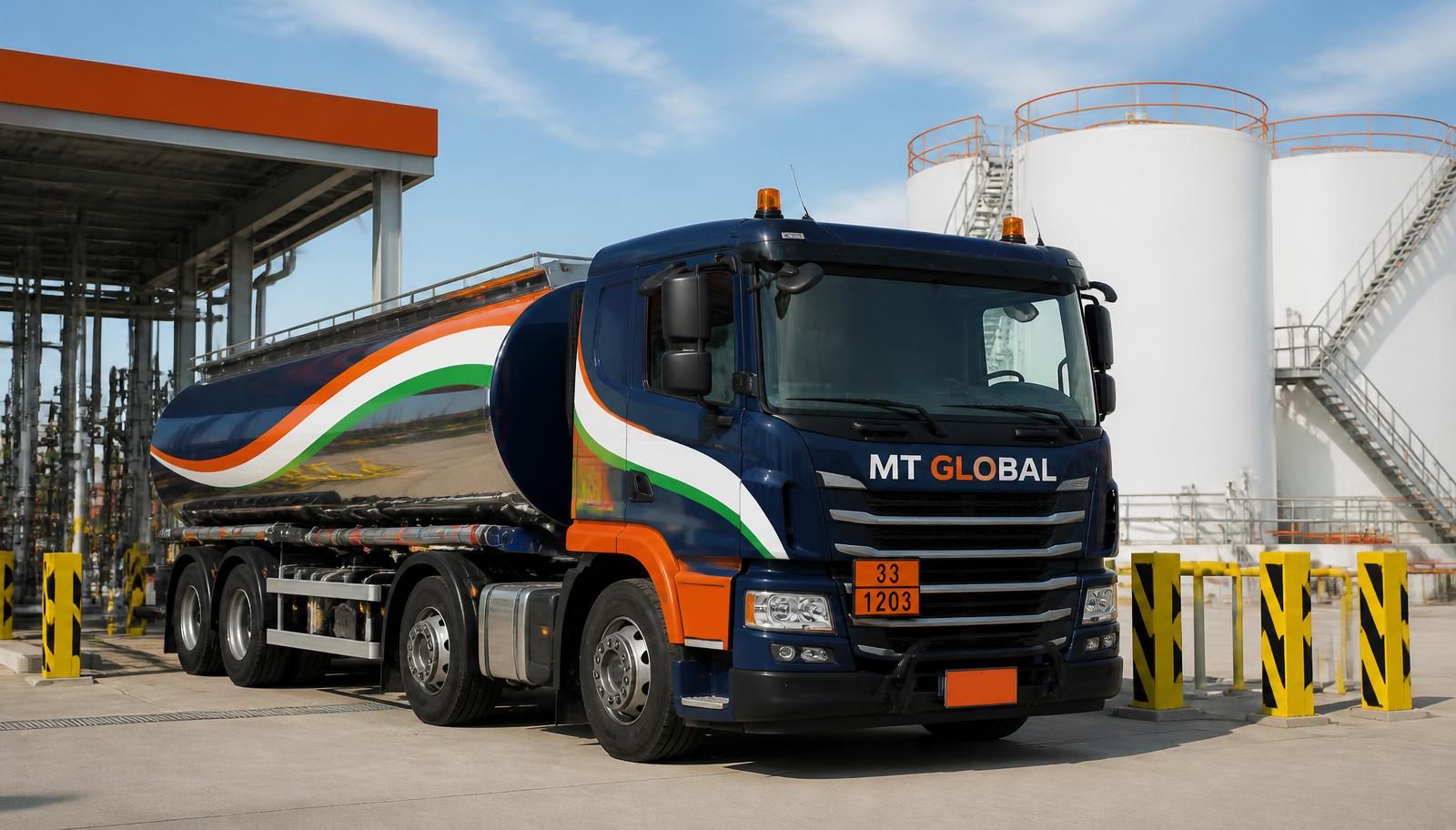 MT Global branded petroleum tanker parked at a professional fuel distribution depot