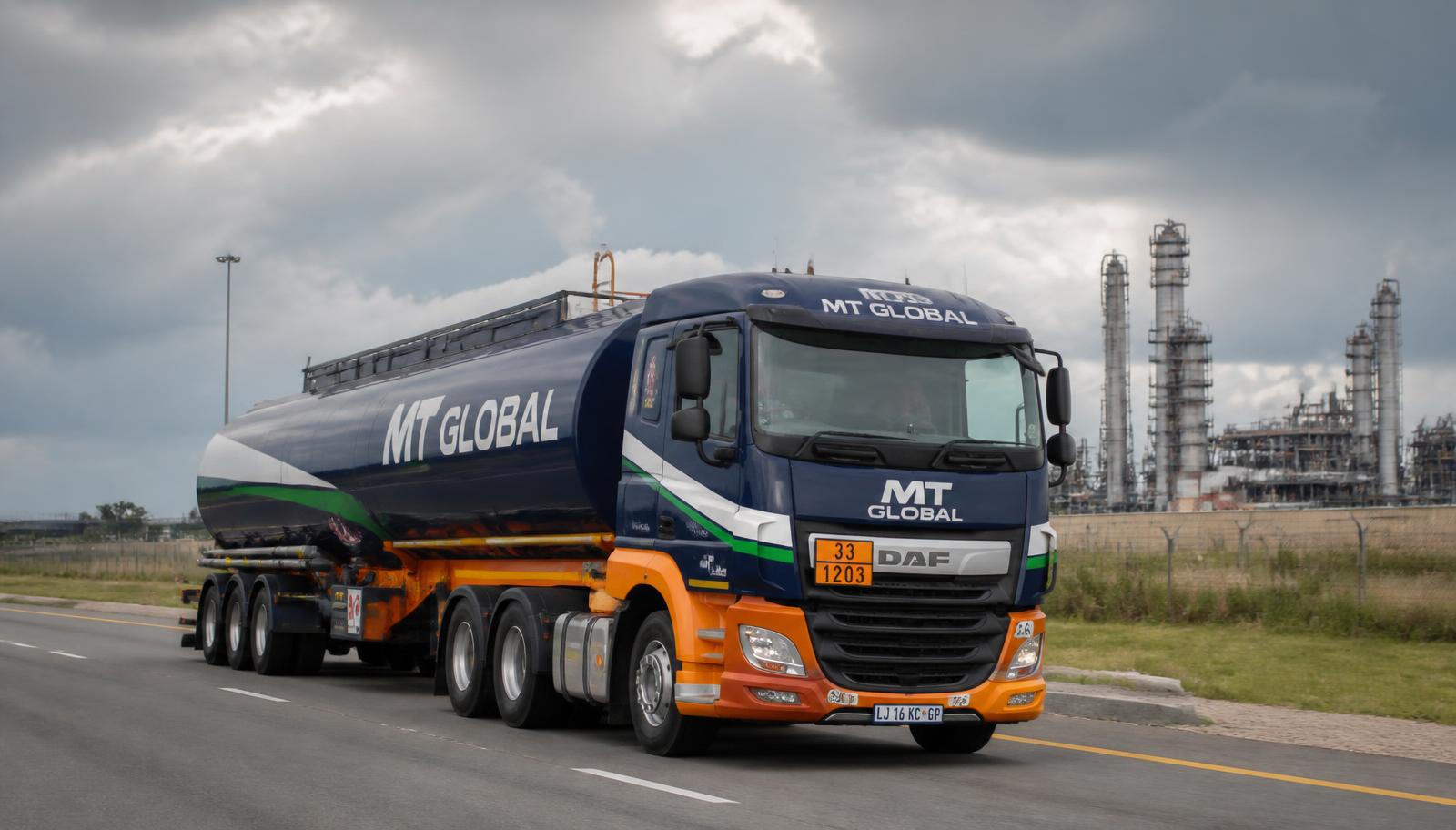 MT Global tanker operating in a South African industrial environment near a refinery